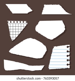 Many torn sheets, piece of paper. Small scraps of school notebook and diary. Vector illustration. Isolated