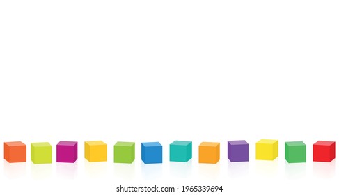 Many toy cubes. Colorful set of twelve cubes in a row. Isolated vector illustration on white background.