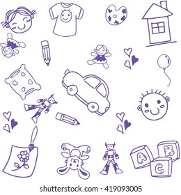 many toy kids doodle art with white backgrounds