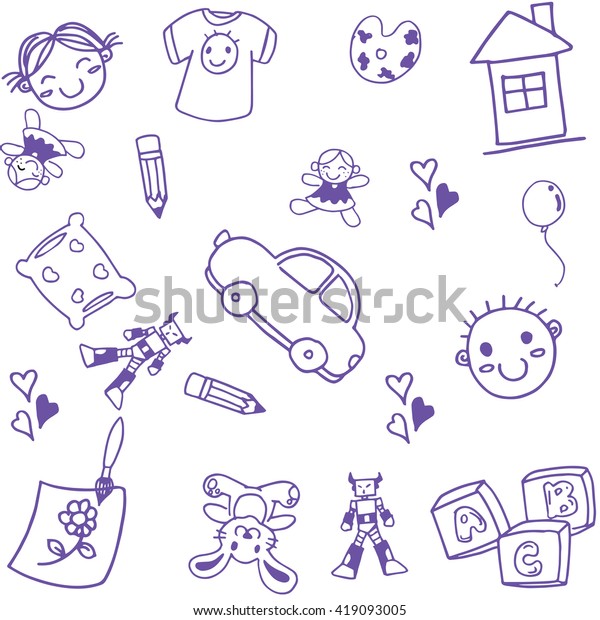 many toy kids\
doodle art with white\
backgrounds