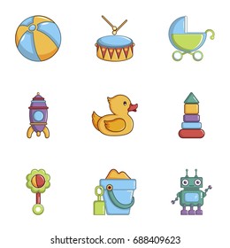 Many toys icons set. Cartoon set of 9 many toys vector icons for web isolated on white background