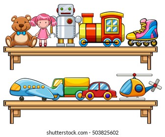 Many toys on the shelves illustration