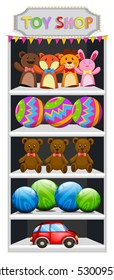 Many toys on the shelves illustration