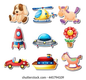 Many toys on white background illustration