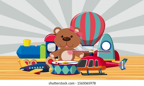 Many toys on wooden floor illustration
