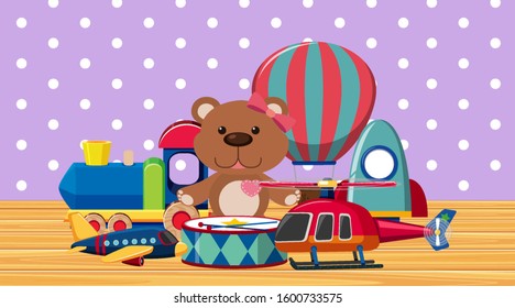 Many toys on wooden floor illustration