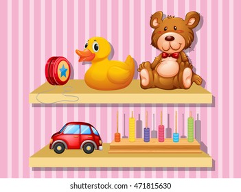 Many toys on wooden shelf illustration