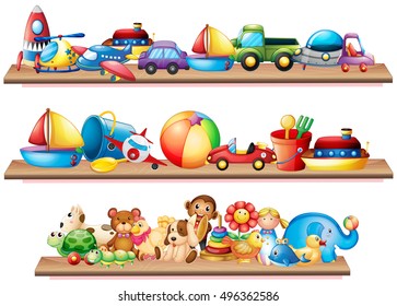 Many toys on wooden shelves illustration