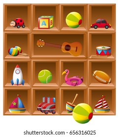 Many toys on wooden shelves illustration