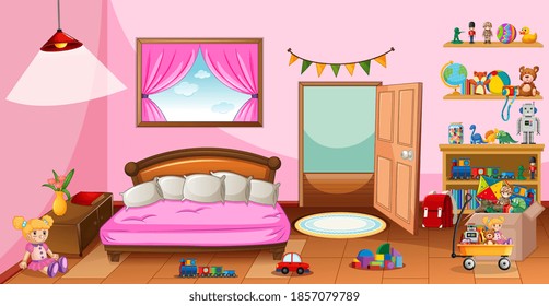 Many toys in the pink bedroom scene illustration