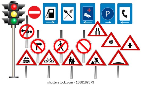 Many Traffic Signs On White Background Stock Vector (Royalty Free ...