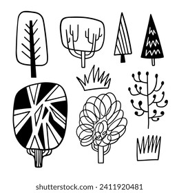 Many trees and bushes in doodle style. Abstract elements vector illustration in black color. Isolated on transparent background.