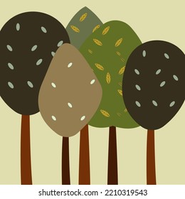 Many trees of different colors on a light background