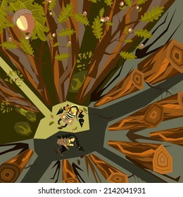Many trees on one side of the forest and a happy girl lies in a clearing enjoying life. On the other side of the forest trees are cut down,a sad girl lies on the bare ground among the stumps and weeps