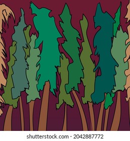 Many trees stand against the backdrop of a deep red sunset.