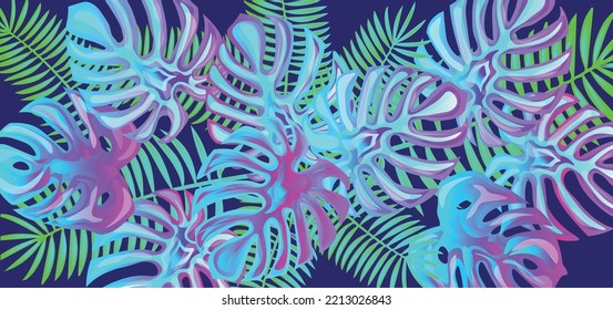 Many tropical leaves on dark color background