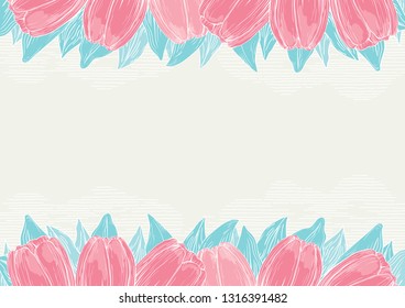 Many tulips and  leaves at color  engraving style with place ror your text. Vector Hand drawn background for spring Invitation card