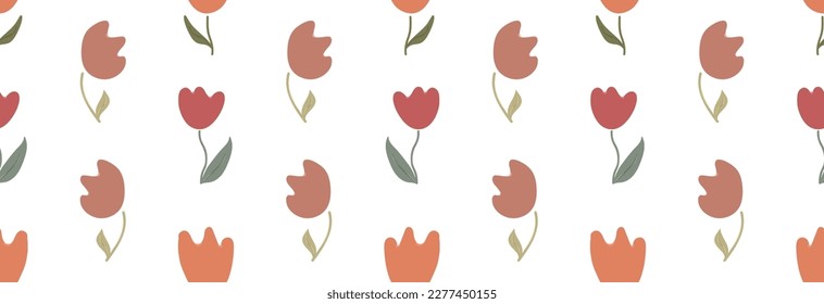 Muchos tulipanes sobre un fondo blanco. Banner sin costuras de primavera.