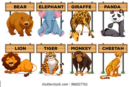 Many type of animals with wooden signs illustration