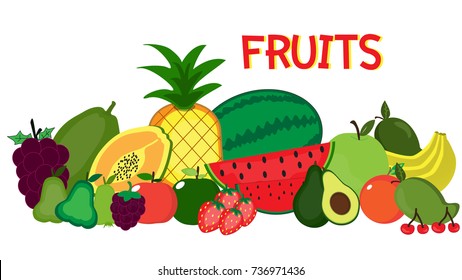 many type of fruit isolate on white background,cartoon vector