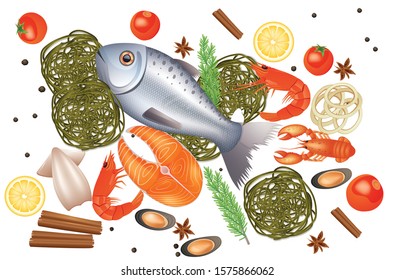 Many type of seafood collection with vegetables fish prawn vector illustration