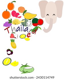 Many types of fruit and a map of Thailand and a cute elephant head vector illustration