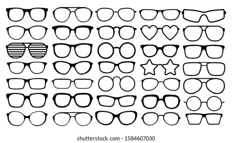 Many types of glasses. Fashion collection set glasses isolated. Vector illustration. Glasses icons frames silhouettes.