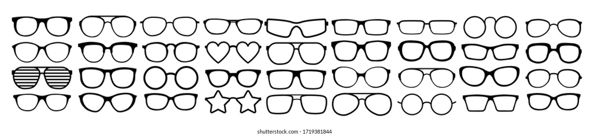 Many types of glasses. Fashion collection set glasses isolated. Vector illustration. Glasses icons frames silhouettes.