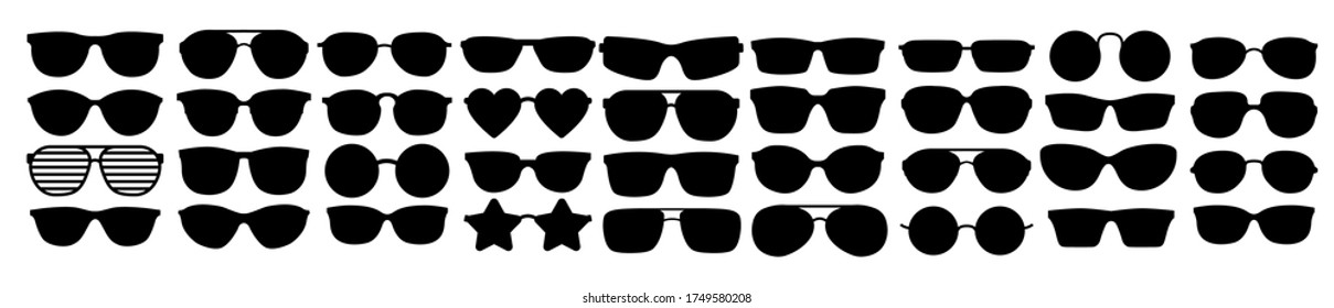 Many types of glasses. Fashion collection set glasses isolated. Vector illustration. Glasses icons frames silhouettes.