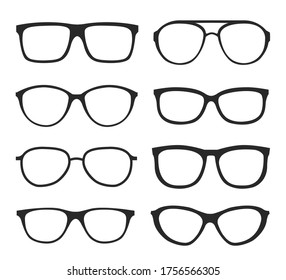 Many types of glasses. Fashion collection set glasses isolated. Vector illustration. Glasses icons frames silhouettes.