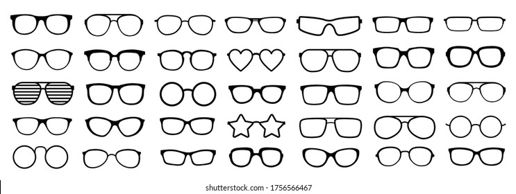 Muchos tipos de gafas. La colección de moda aisló los vasos. Ilustración vectorial. Iconos de lentes enmarcan siluetas.