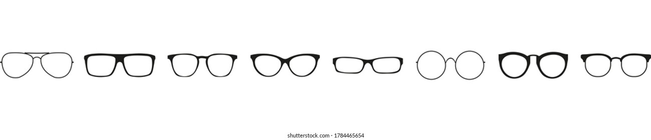 Many types of glasses. Fashion collection set glasses isolated. 