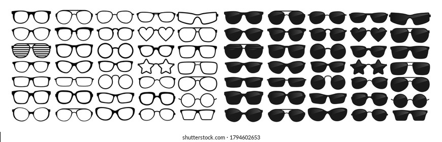 Many types of glasses. Fashion collection set glasses isolated. Vector illustration. Glasses icons frames silhouettes.