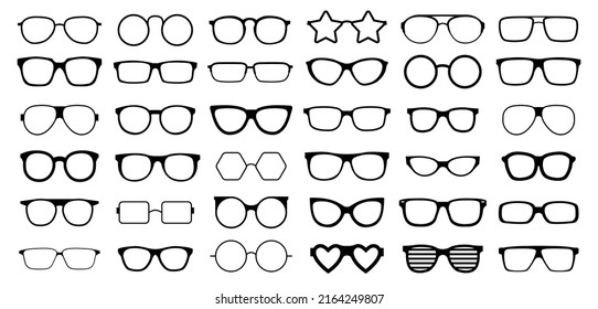 Muchos tipos de gafas. La colección de moda aisló los vasos. Ilustración vectorial. Iconos de lentes enmarcan siluetas.