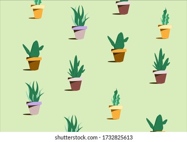 Many types of green cactus lined up in a brown pot.