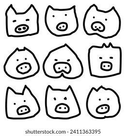 Many types of pig face lines, cartoon character.