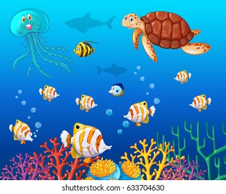 Many types of sea animals under the ocean illustration