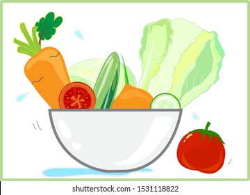 Many types of vegetables for the salad bowl, carrot, onion, cucumber, tomato, cabbage, Chinese cabbage.
