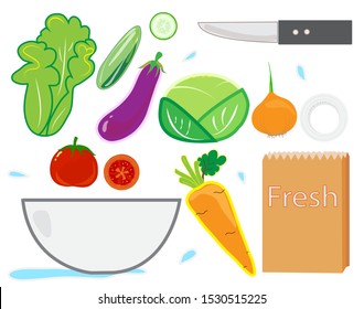 Many types of vegetables stacked on a white background paper bags, tomatoes, eggplant, cabbage, lettuce, onion, cucumber, carrots,bowl.