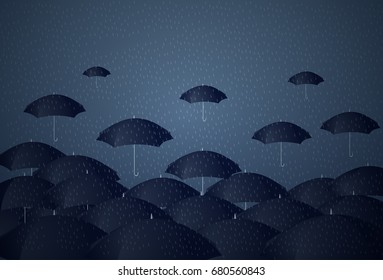 Many Umbrellas Under Rain Storm Business Problem Concept Flat Vector Illustration