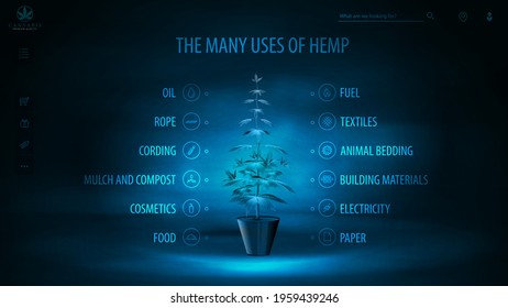 Many Uses Of Hemp, Dark And Blue Digital Poster With Dark Neon Scene, Infographic Of Uses Of Hemp And Hologram Greenbush Of Cannabis Plant