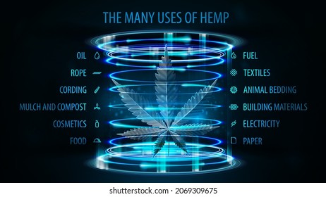 Many uses of hemp, dark poster with blue neon digital portal in cylindrical shape with hologram of hemp leaf inside and infographic of uses of hemp