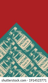 Many vaccine covid-19 bottles vector sketch, Mass production of coronavirus vaccine, hand drawn illustration on abstract two color contemporary cubism style background, Vertical banner with copy space