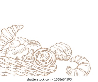 Many varieties of inviting bread and bun in baskets. Vector illustration.	