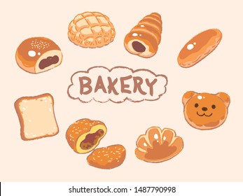 Many varieties of inviting bread in  a Japanese bakery. Vector illustration.