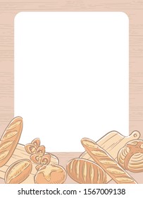 Many varieties of inviting bread with wooden style background. Vector illustration.	