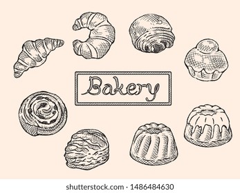 Many varieties of sweet bread. Vector illustration.