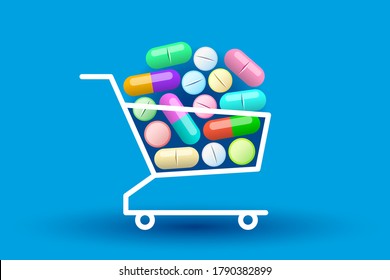 Many various colored tablets and pills are stacked in shopping cart. Concept of buying of medicines, online sales of medication, healthcare and pharmacy business