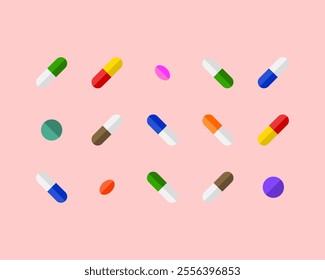 Many various and colorful medicine. Pill, prescription drug, vitamin, supplement, antibiotic, painkiller, tablet, capsule, medicament or pharmaceutical cure. Colourful arrangement on pink background.