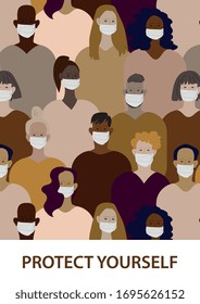 Many various multinational human faces in protective medical masks. Vector illustration. All objects are grouped and isolated. Post card, placat, poster. The inscription "protect yourself." EPS 10